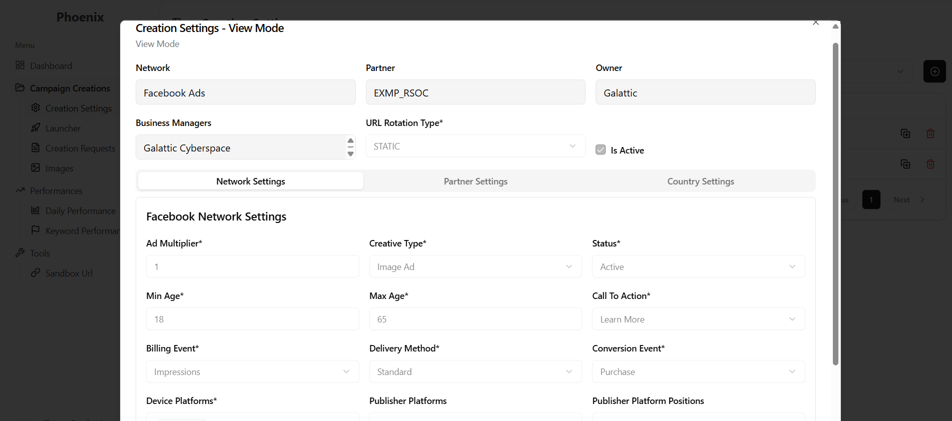 Creation settings placeholder